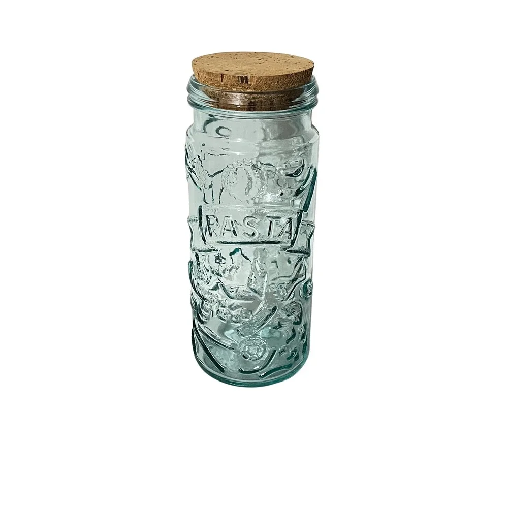 Unbranded Pasta Storage Jar  Blue Embossed Glass Made in Italy Cork Lid